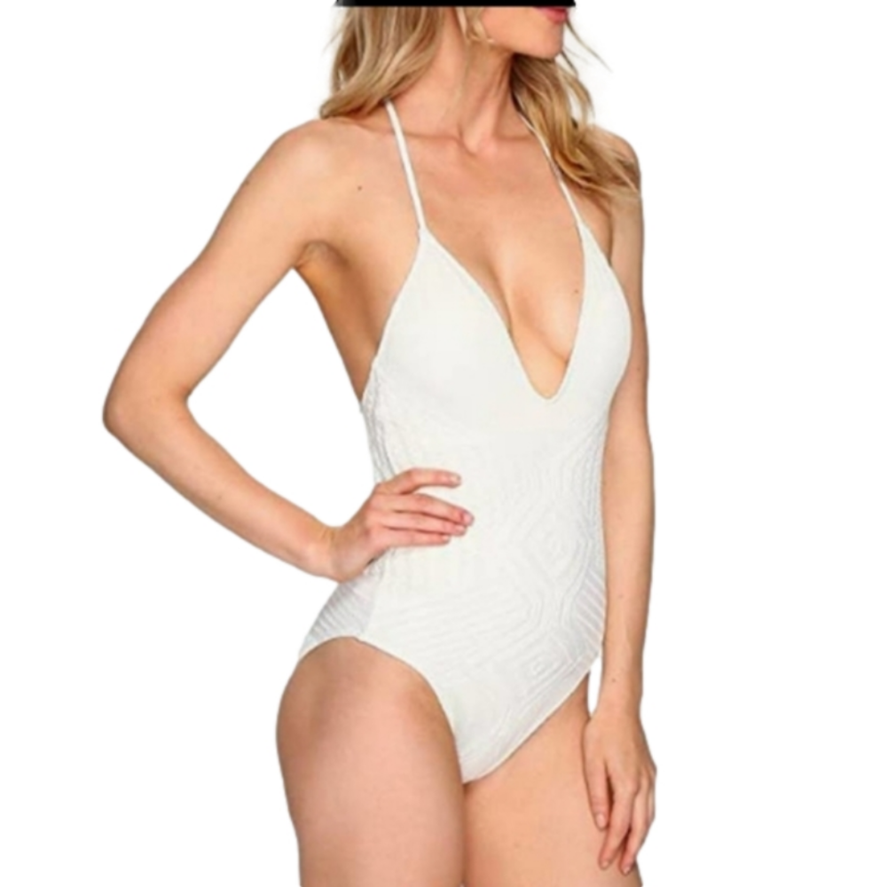 Polo Ralph Lauren | Cream Sahara Crochet Plunge Sexy Mod Coverage Swimsuit- Sz M